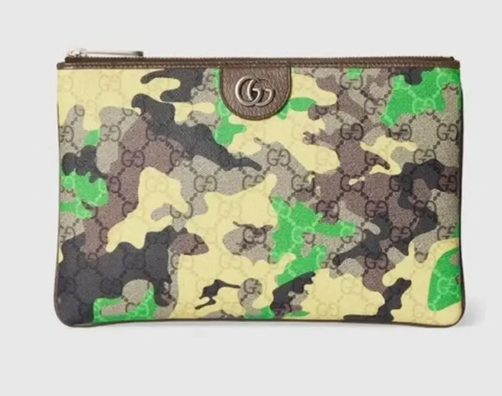 Gucci GG Monogram Camouflage Pouch Green Yellow Brown Double G Clutch NIB